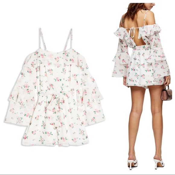 HP🎉Topshop Floral Cold Shoulder Ruffled Romper XS - Picture 2 of 7